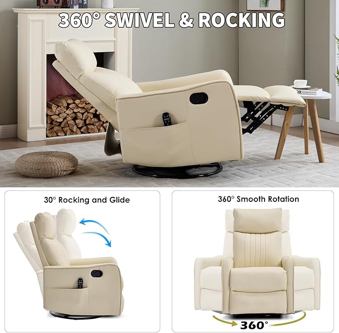 Swivel Rocker Recliner Chair 360° Swivel Recliner with Heat and Massage Rocker Recliner Upholstered Fabric Nursery Glider Recliner Chair with Side Pockets for Living Room PU Light Yellow