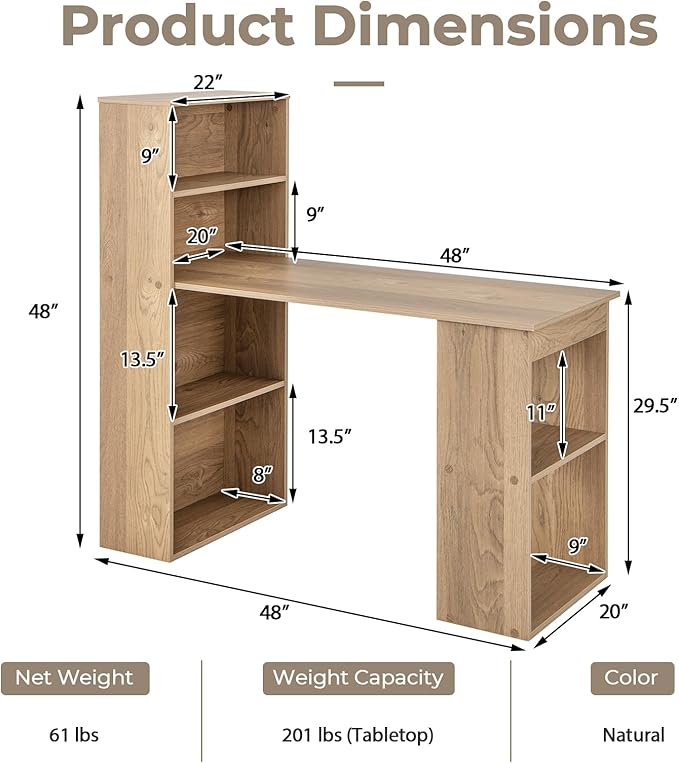 GRAFFY Computer Desk with 6 Storage Shelves - 48 Reversible Writing Desk Workstation with Bookshelf and CPU Stand Modern Compact Office Desk for Bedroom Study Home Office (Natural)