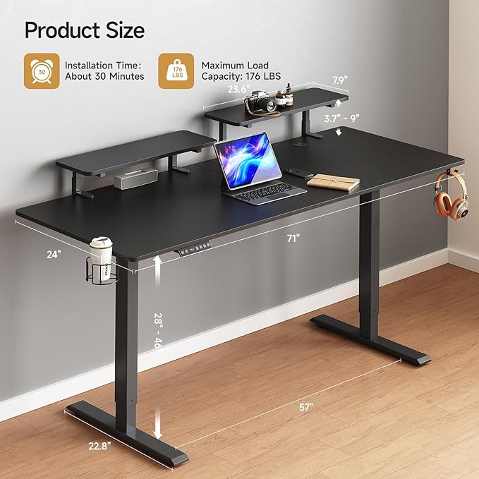 ONBRILL Standing Desk with 2 Adjustable Monitor Shelves 71 x 24 Inches Electric Stand Up Desk with Memory Controller and Adjustable Height from 28-46 inches for Computer Workstations Black
