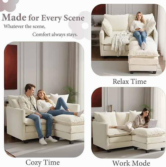50 Loveseat Sofa with Ottoman| Chenille L Shape Love Seat Couch with 2 Pillows | 27.16 Deep Seat for Small Spaces Bedroom Dorm Apartment | Beige
