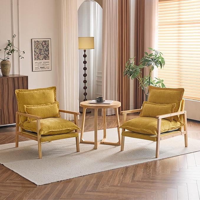 Karl home Midcentury Accent Chair for Living Room Chenille Upholstered Lounge Armchair with Lumbar Pillow Ruffle-Designed Cozy Reading Chair with Wood Legs Yellow