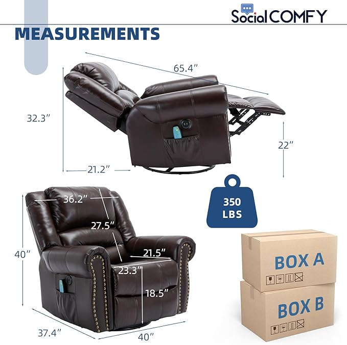 Swivel Rocker Recliner Chair with Heat and Vibration 360° Swivel Glider Rocker Manual Reclining Chair Massage Rocking Lounge Recliners with Side Pockets/USB Ports for Living Room Brown
