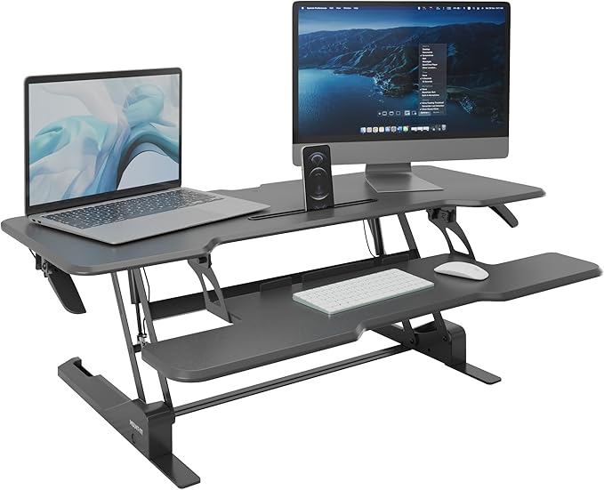 Mount-It! 47 Standing Desk Converter XL Desktop Sit-Stand Desk Riser with Gas Spring Height Adjustment Wide Desk Topper for Dual Monitors or Monitor &amp Laptop Keyboard Tray Black