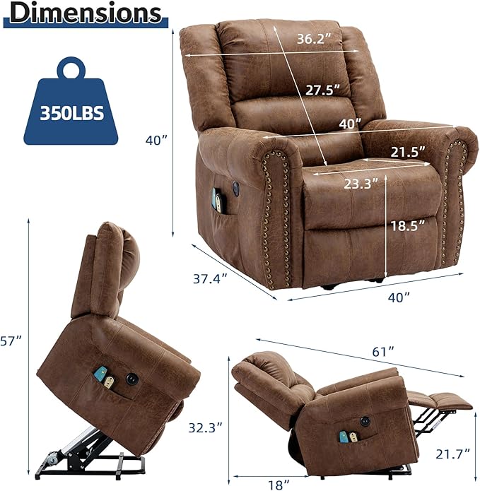 Power Lift Recliner Chair for Elderly with Massage and Heat Electric Recliner Chair with Rivet Decoration 2 Remote Controls Side Pockets &amp USB Ports for Home Office (Nut Brown)