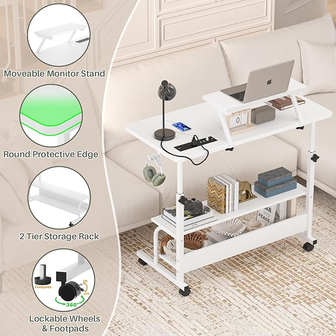 Height Adjustable Standing Desk with Power Outlets and LED Lights - 32 Manual Stand Up Desk with Monitor Stand and Storage Shelves Small Mobile Rolling Computer Desk Portable Laptop Table White