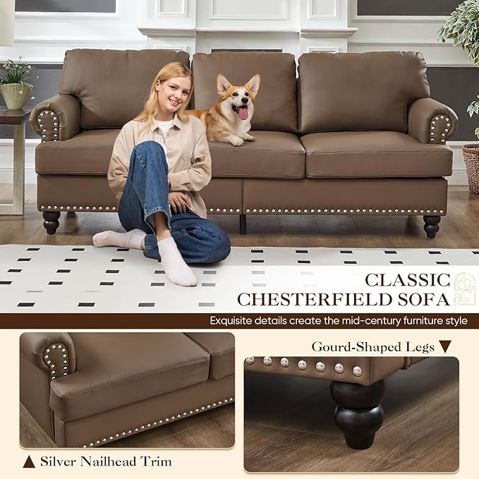 83-inch 3 Seater Couch with Storage Mid Century Chesterfield Faux Leather Vintage Retro Classic Sofa Couch with Nailhead Trim &amp Rolled Armrests for Living Room Bedroom Office Brown