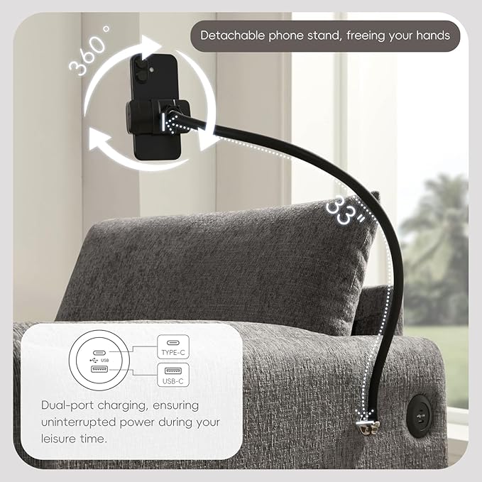 Oversized Accent Chair with Ottoman Chaise Lounge Chair with Phone Holder USB Charger Side Pockets Chenille Reading Armchair for Living Room Bedroom Home Theater (Gray)