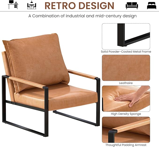 AWQM Leather Accent Chair Set of 2 Sofa Chair with Extra-Thick Padded Backrest &amp Seat Cushion Single Sofa for Living Room Bedroom Black Metal Frame 105 Degree Slant Back-Apricot（Set of 2）