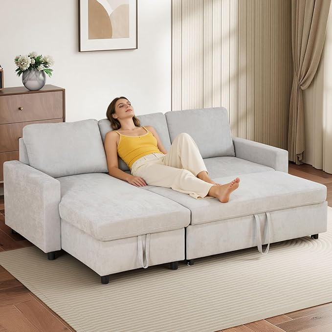 L-Shaped Sleeper Sofa with Chaise Lounge &amp Storage Pull-Out Couch Bed with Recliner Full Size Futon for Living Room Office Apartment Beige