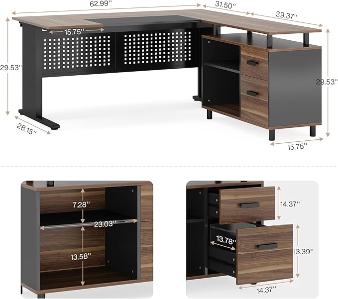 LITTLE TREE Large Computer Desk with File Cabinet 63 Inch L Shaped Executive Office Desk with Drawers and Storage Shelves Business Furniture Workstation for Home Office