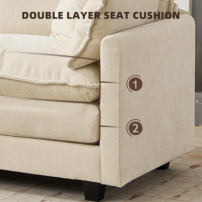 111.5” Modular Sectional Sofa Convertible Couches 3 Seater Chenille Deep Seat Cloud Couch with Pillows for Living Room Apartment Office(Beige)