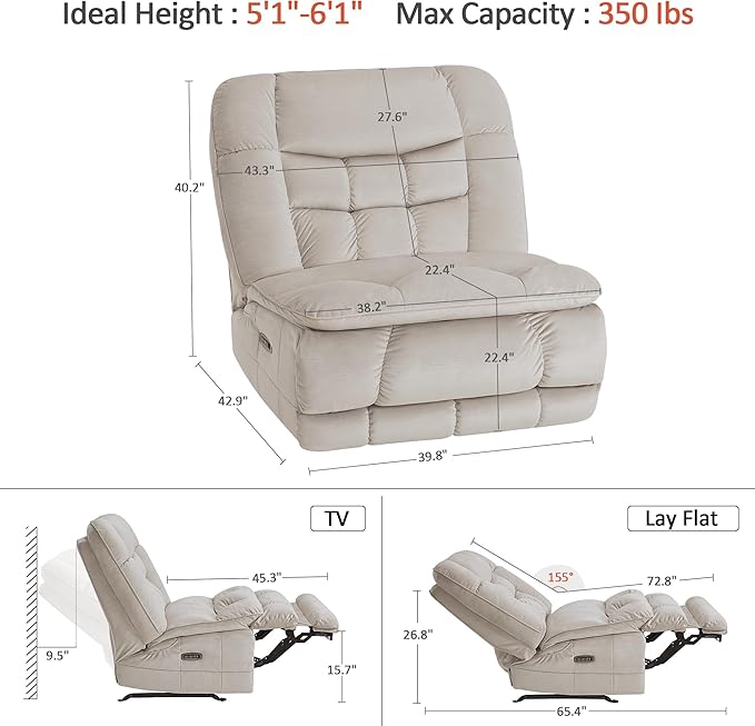 MCombo Dual Motor Oversized Power Recliner Chair 38.2'' Large Wide Seat Rocker Recliner with LED Lighting USB Ports Perfect for Living Room Office and Home Theater Fabric PR607 (Beige)