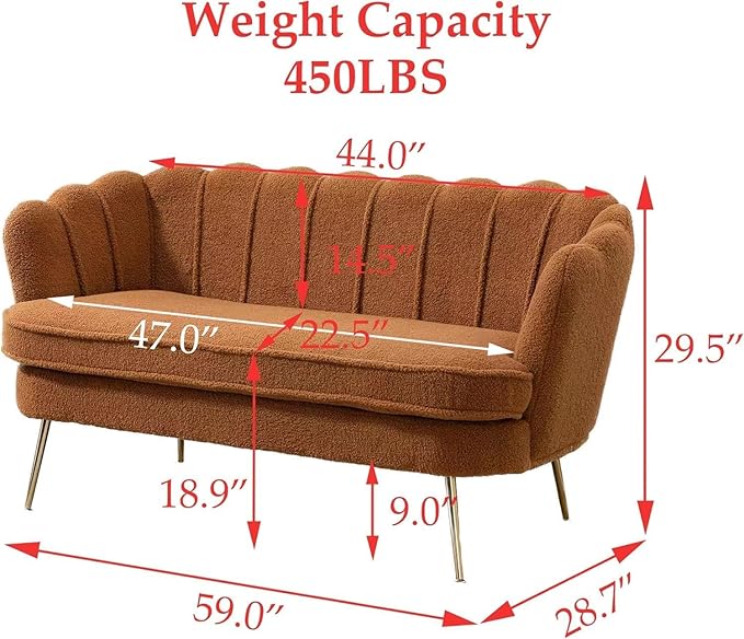 Anwick 59 Small Modern Chenille Loveseat Sofa 2-Seater Sofa with Gold Metal Legs Small Couch with Flower Shaped Back for Living Room Bedroom Office (Caramel)