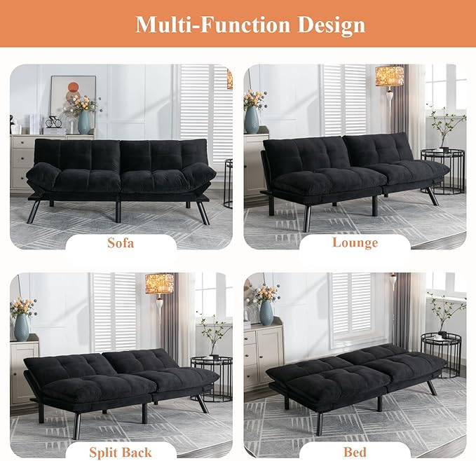 Anwick Futon Sofa Bed Velvet Convertible Futon Sleeper Couch 71 Sleeper Sofa Bed with Adjustable Backrest Modern Loveseat Couch for Compact Living Room Apartment Office (Black-New)