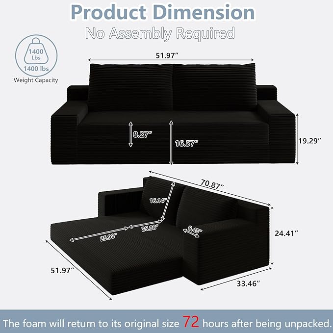 70.87 Loveseat Sofa Comfy Deep Seat Modern Small Corduroy Couch for Living Room Bedroom Apartment Home Office No Assembly Black
