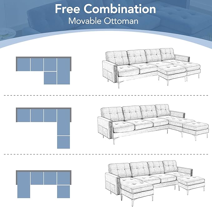 Merax Velvet L-Shape Sofa 4 Seat with Chaise and Movable Ottoman 110.6 Sofa Couch for Living Room Apartment Office (Blue)