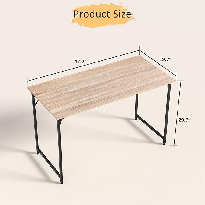 47 Inch Computer Desk with Wood Board and Metal Frame Modern Simple Style Work Desk with Adjustable Feet Study Gaming Desk Table for Home Office Bedroom Small Spaces