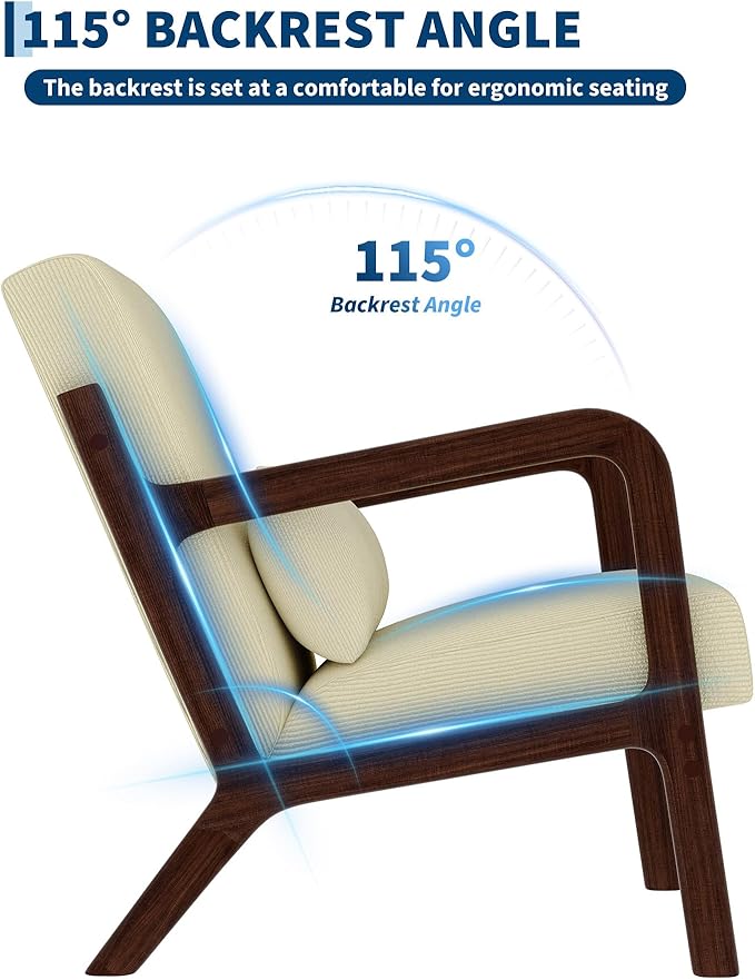 Garvee Mid-Century Modern Accent Chair Fine Wale Corduroy Upholstery Solid Wood Armchair with Removable Lumbar Pillow Sturdy Reading Chair for Living Room Bedroom Guest Room Easy Assembly Beige