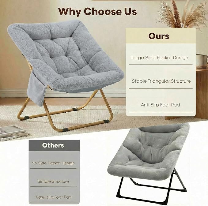 Folding Saucer Chair Comfy Reading Chair with Soft Thick Padded Seat Plush Faux Fur Lounge Chair for Small Space Bedroom Dorm Living Room X-Large Lazy Chair for Adults Teens Kids