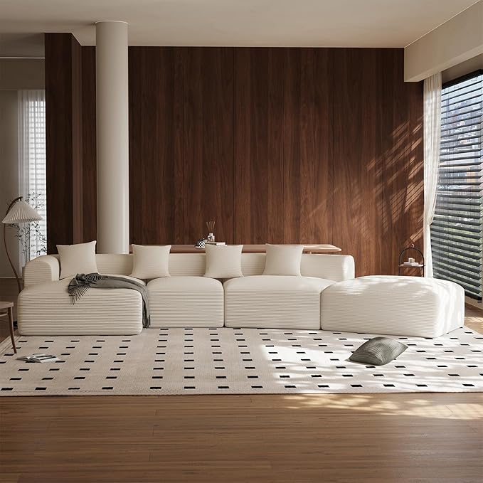 158” Oversized Modular Cloud Couch Boneless 5-Seat Sectional Sofa with Chaise &amp Movable Ottoman Plush Corduroy Deep Seat No Assembly Required(Beige White)