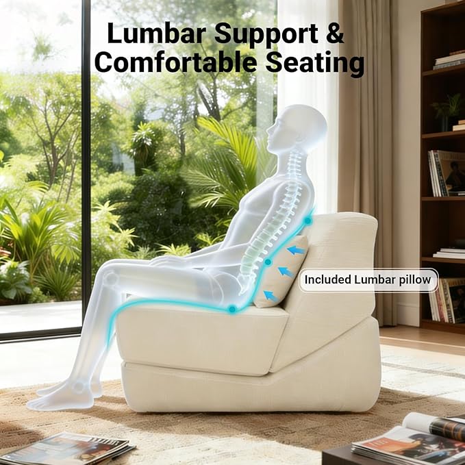 Folding Sofa Bed Chair 3 in 1 Convertible Sleeper Chair Bed w/Pillow Handle Floor Sofa Lounge w/Back Support &amp Removable Washable Cover for Living Room Bedroom Apartment (White) | Washable Cov