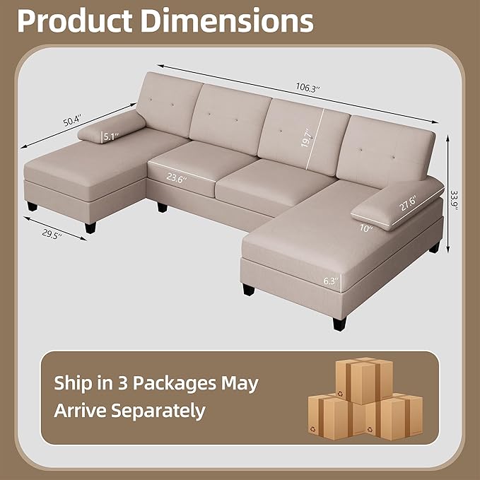 Walsunny Sectional Couches for Living Room Convertible U-Shaped Sofa Couch with Double Chaise 4 Seat Sofa Set Modular Sectional Sofa for Living Room Apartment Bedroom Dark Kahki