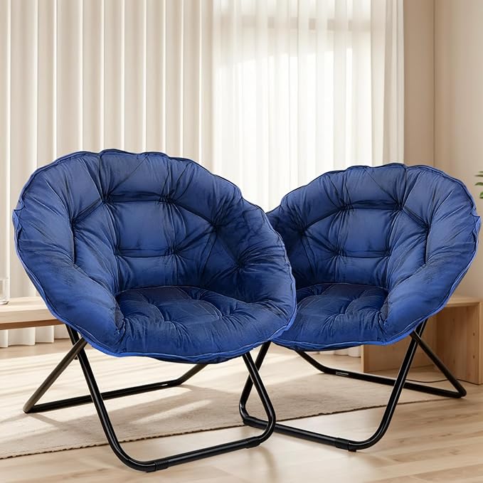 Grezone Folding Saucer Chair Lazy Moon Chair with Metal Frame Comfy Bedroom Chairs for Bedroom Living Room Study Navy