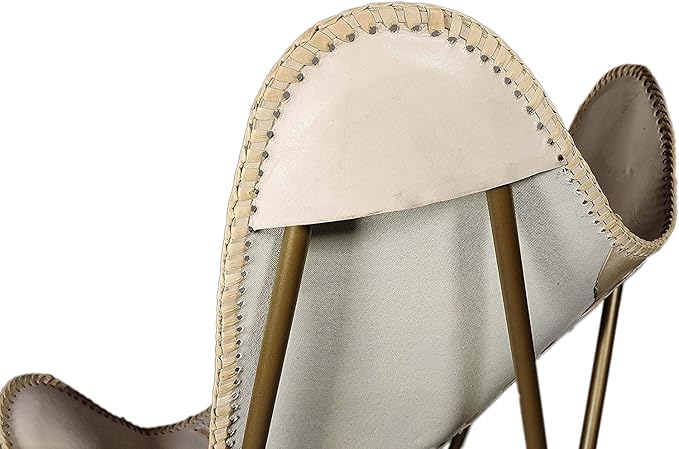 PLW Handmade Leather Butterfly Chair with Matching Ottoman – Beige Seat &amp Golden Folding Iron Frame Vintage Lounge Accent Chair for Living Room Bedroom or Office