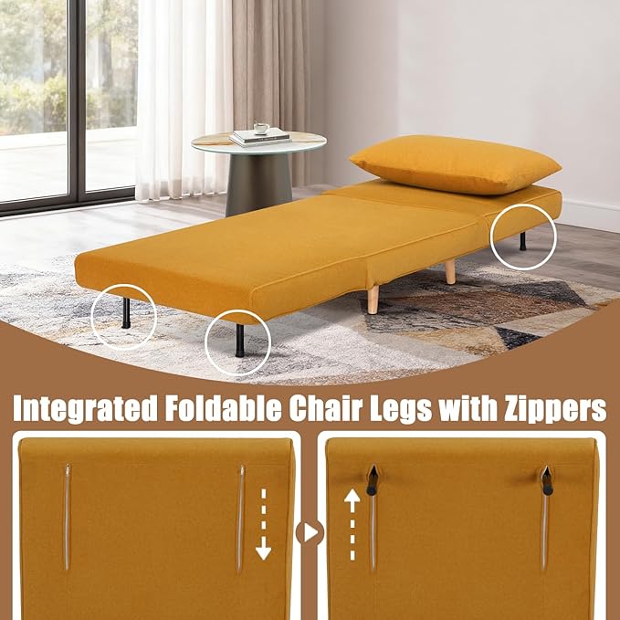 3 in 1 Sleeper Chair Bed Foldable Convertible Chair with Thickened Cushion and Sponge OTE Chenille Fabric Adjustable Backrest Upholstered Accent Sofa for Apartment/Bedroom/Office - Orange Brown