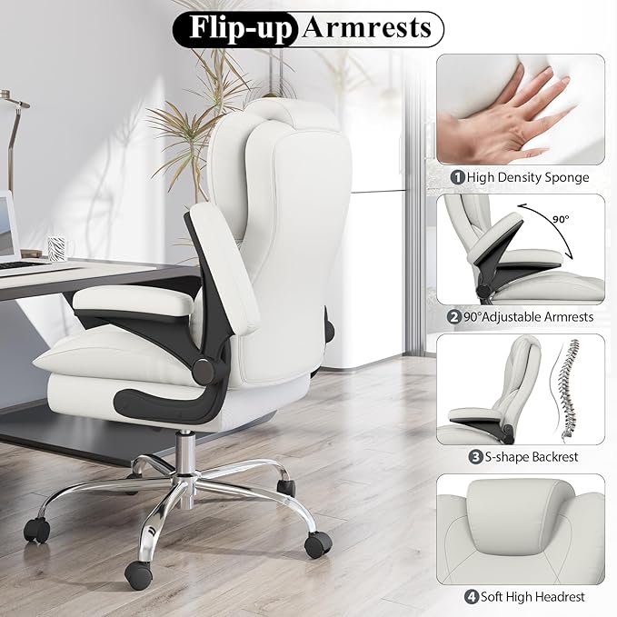 Office Desk Chair Executive Leather Office Chair High Back Ergonomic Home Desk Chair with Padded Flip-up Arms Big and Tall Computer Chair with Rocking Function 360°Swivel Free White