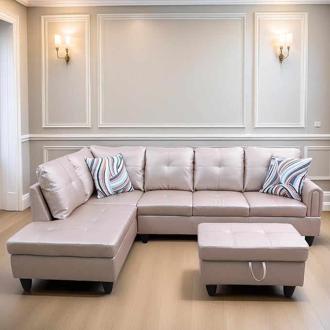 FONTOI L Shaped Sectional Couches Leather Couch Modular Sectional Sofa with Ottoman Storage Modern L Shaped Couch with Chaise for Living Room Bedroom Apartment Furniture Gray