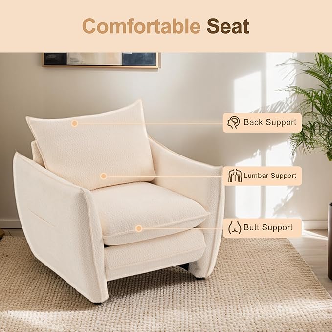 Oversized Accent Chair Modern Single Sofa Cloud Chairs with Removable Pillow Deep Seat Comfy Armchair for Living Room Bedroom Reading Nook - Upholstered Lounge Chair (Beige Set of 2)