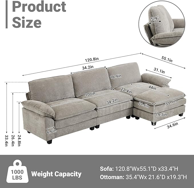VINGLI 122 Cloud Double-Layer Deep Convertible Sectional Sofa Comfy L-Shape 3-Seat Couches for Living Room Modern Couch with Movable Ottoman for Small Space Light Grey Chenille