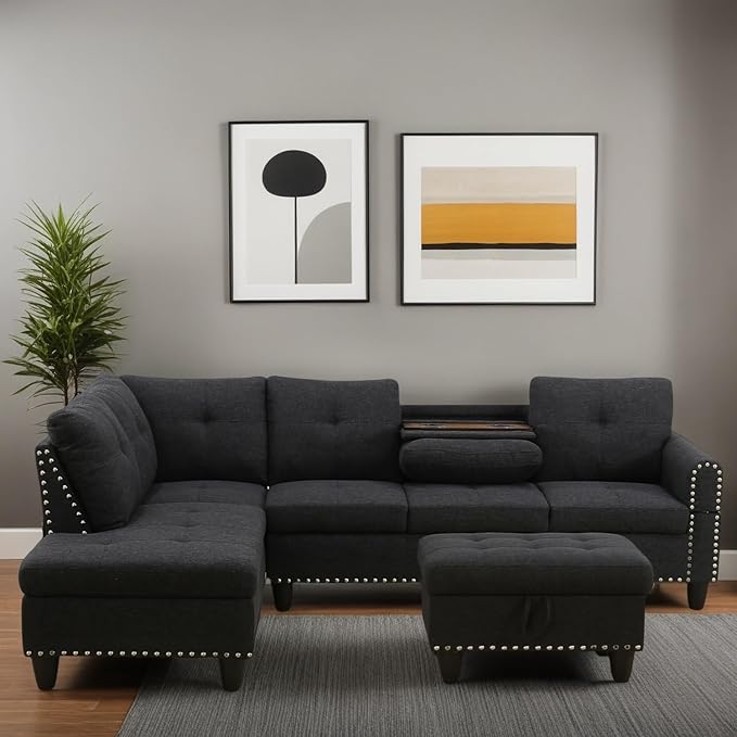 FONTOI L Shaped Sectional Couches for Living Room Modular 4 Seat Sofa with Ottoman Storage Modern Couch with Chaise for Bedroom Apartment Furniture Black
