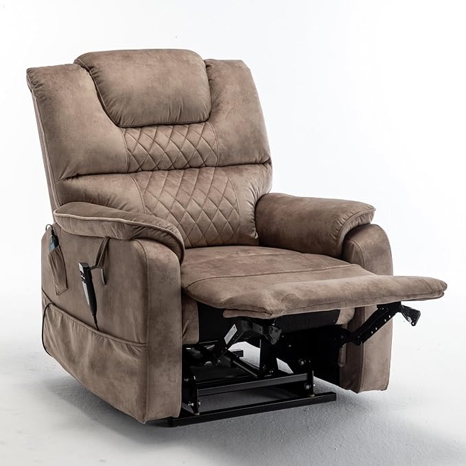 Oversized Power Lift Recliner Chair with 25 Extra-Wide Seat for Big Elderly Adults 180 Degree Lay Flat Electric Lounge Sofa Chair with Massage &amp Heat for Living Room Bearing 400LBS Beige+Brown