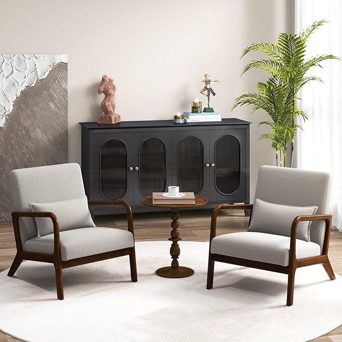 KOMFOTT Mid-Century Modern Accent Chair Set of 2 Living Room Leisure Chair with Cushioned Seat &amp Back Upholstered Armchair with Rubber Wood Frame &amp Lumbar Pillow Lounge Chair for Bedroom G
