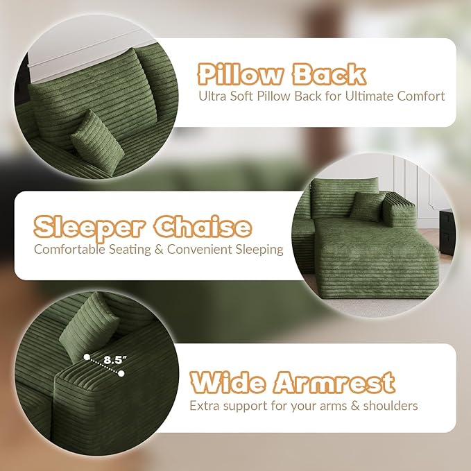 94 U-Shaped Cloud Sectional Couch Comfy Corduroy Boneless Couches with Deep Seat Fluffy Modular Sectional Sofa for Living Room No Assembly (Green 94 2S+Right Facing Chaise+2 Ottoman)