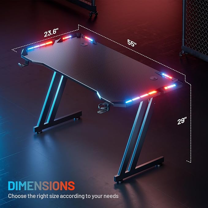 HLDIRECT 55 Inch Gaming Desk with LED Lights Carbon Fibre Surface Gaming Table Large Computer Desk Ergonomic Home Office Desks Z Shaped PC Gamer Workstations with Cup Holder &amp Headphone Hook Black