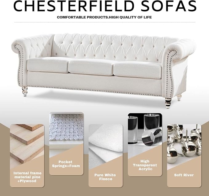 White Velvet Couches for Living Room 3-Seater Chesterfield Sofa Tufted Sofa Furniture Couch Nailhead Upholstered Couches Minimalis Light Luxury Easy to Assemble