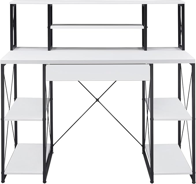 White and Black Office Desk with Open Shelves