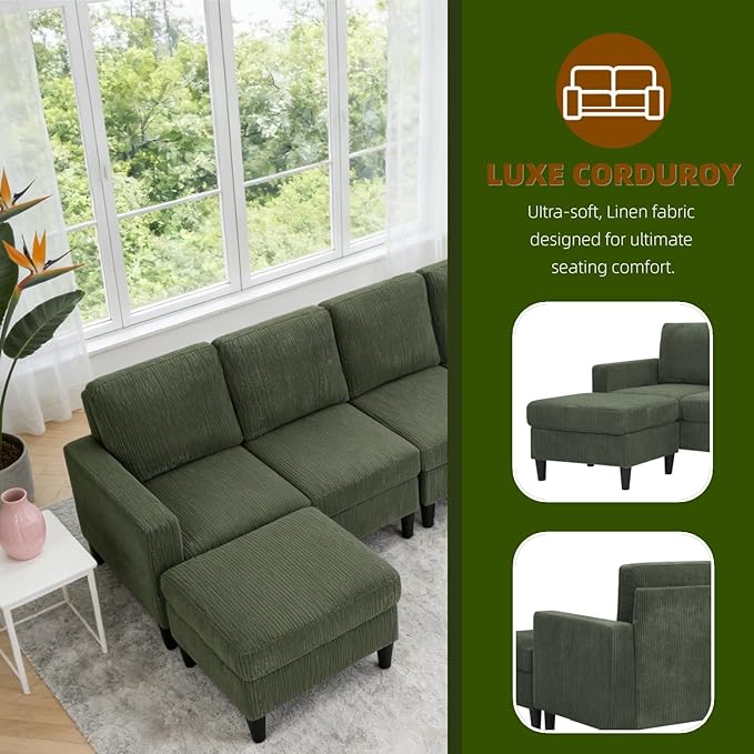 101 L-Shape Modular Sectional Couch Convertible Corduroy Couch with 2 Ottomans Modern 4 Seater Upholstered Modular Sectional Sofa for Apartment Living Room Dark Green