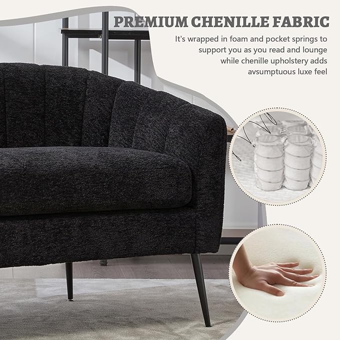 50.2 Small Loveseat Sofa 2-Seater Modern Chenille Couch with Gold Metal Legs &amp Floral Backrest Compact Apartment Sofa for Living Room Bedroom Office Dorm (Chenille Black(50.2''))