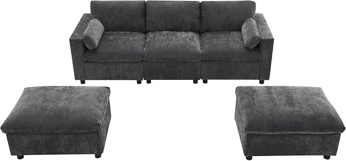 kevinplus 86.5'' Sectional Sofa Couch with Ottoman for Living Room Modern Contemporary 3-Seat Sectional Sofa Couch for Apartment Chenille Fabric Dark Gray