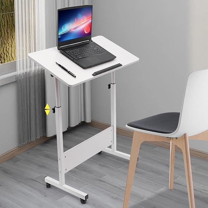 Adjustable Height Standing Desk 180° Adjustable Tilt Angle Portable Mobile Laptop Desk for Sitting and Standing Rolling Computer Stand with 360° Swivel Wheels for Home Offices (White)