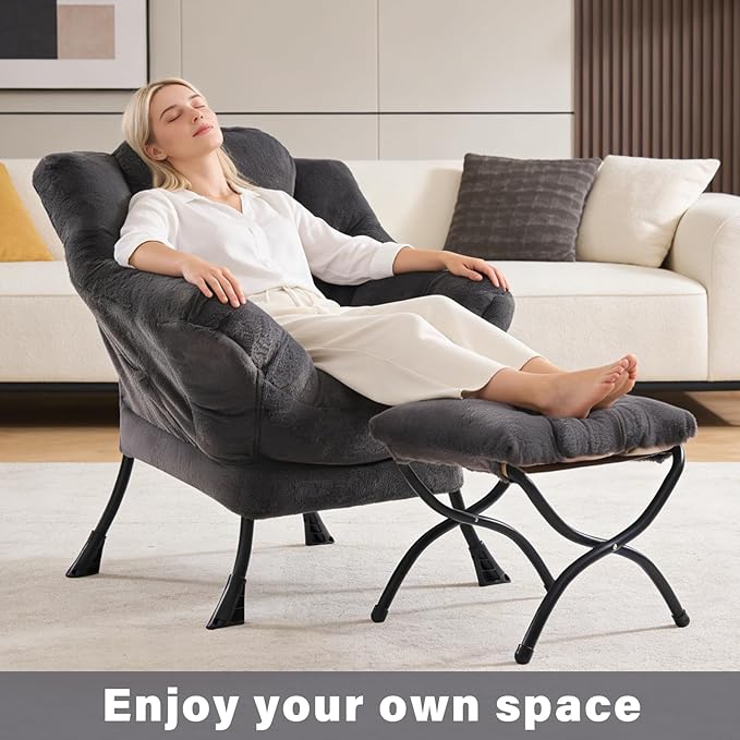 Plush Lazy Chair and Ottoman Large Dark Grey Contemporary Accent Chair with Side Pocket Modern Leisure Upholstered Reading Armchair with Footrest for Office Bedroom Living Room Balcony