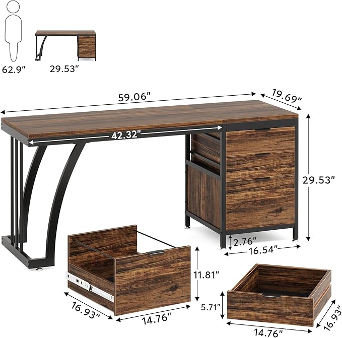 Tribesigns 59 Inch Computer Desk with 3 Drawers Industrial PC Desk Study Writing Table Workstation with File Storage Home Office Desks with Large Desktop and Metal Frame (Rustic Brown)