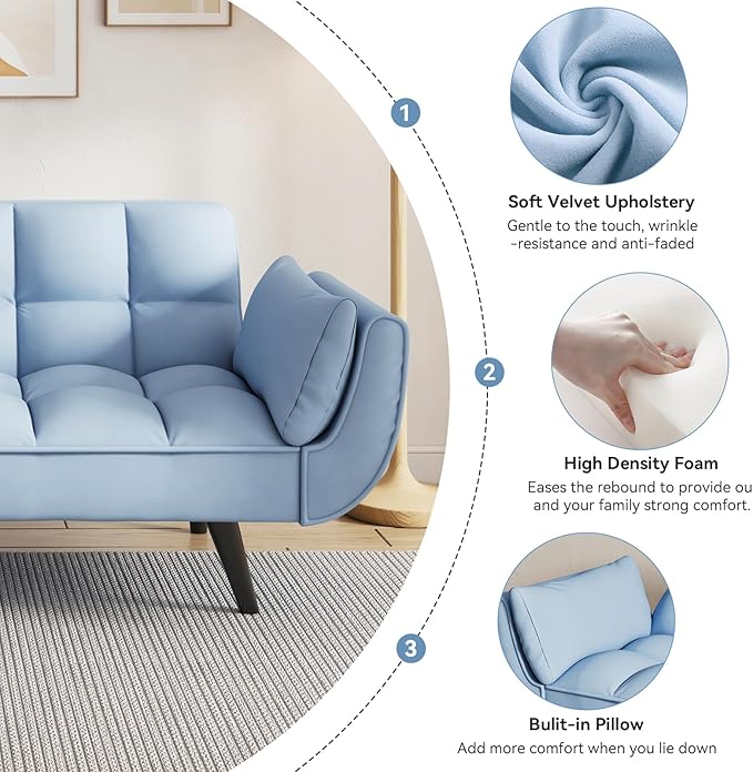 KINFFICT 57 inch Blue Futon Sofa Couch Bed Comfy Velvet Upholstered Loveseat Convertible Sleeper Sofa cama with Adjustable Backrest Mid Century Modern Sofas for Living Room Bedroom Small Space
