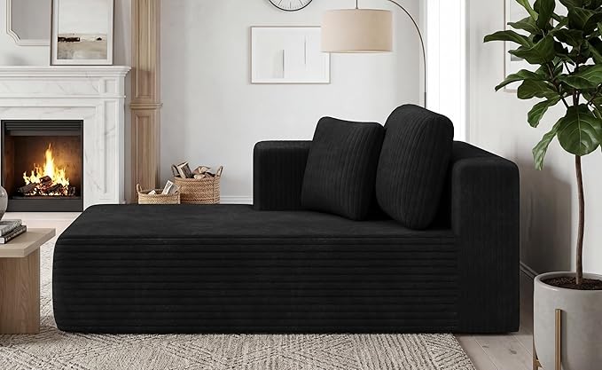 KINGYES Boneless Chaise Lounge Chair for Modular Sectional Sofa L Shape Corduroy Upholstered Chaise Lounge for Living Room Black