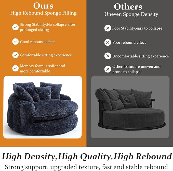 54 Oversized Round Chair Couch Lounge Chaise Indoor Comfy Boneless Sofa for Living Room Cloud Large Circle Couch Chair with 5 Pillows Fluffy Modern Sleeper Sofa Bed for Reading (Blue)