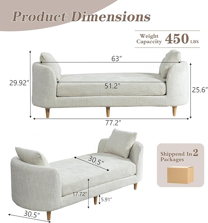 Mlmh &amp Kngwa Chaise Lounge Chair Indoor 77.2 King Size Bedroom Bench with 2 Bolster Pillows &amp Armrests Upholstered Daybed Couch for Living Room Hallway Chenille Beige